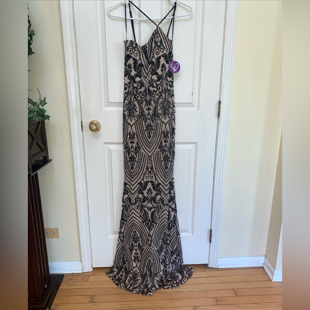 Glamorous Black Sequin Evening Gown with Nude Lining Wedding New Year’s Eve Prom